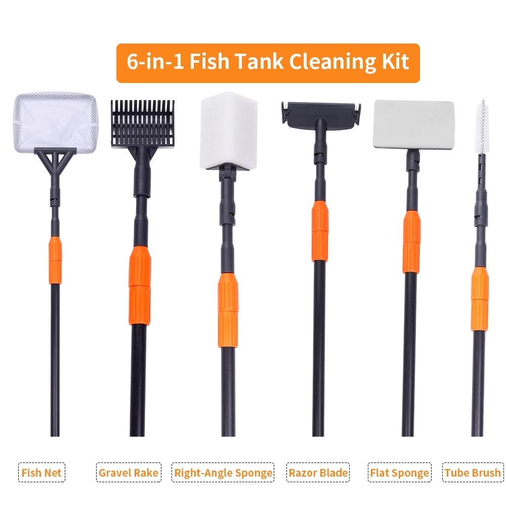 Planted Aquarium Maintenance Kit - 6 in 1水槽清掃ツールキット、水槽クランプセット、魚タンクネット、砂利かき、藻類除去スクラッパー、フォーク、スポンジブラシ、ガラスクリーナー
