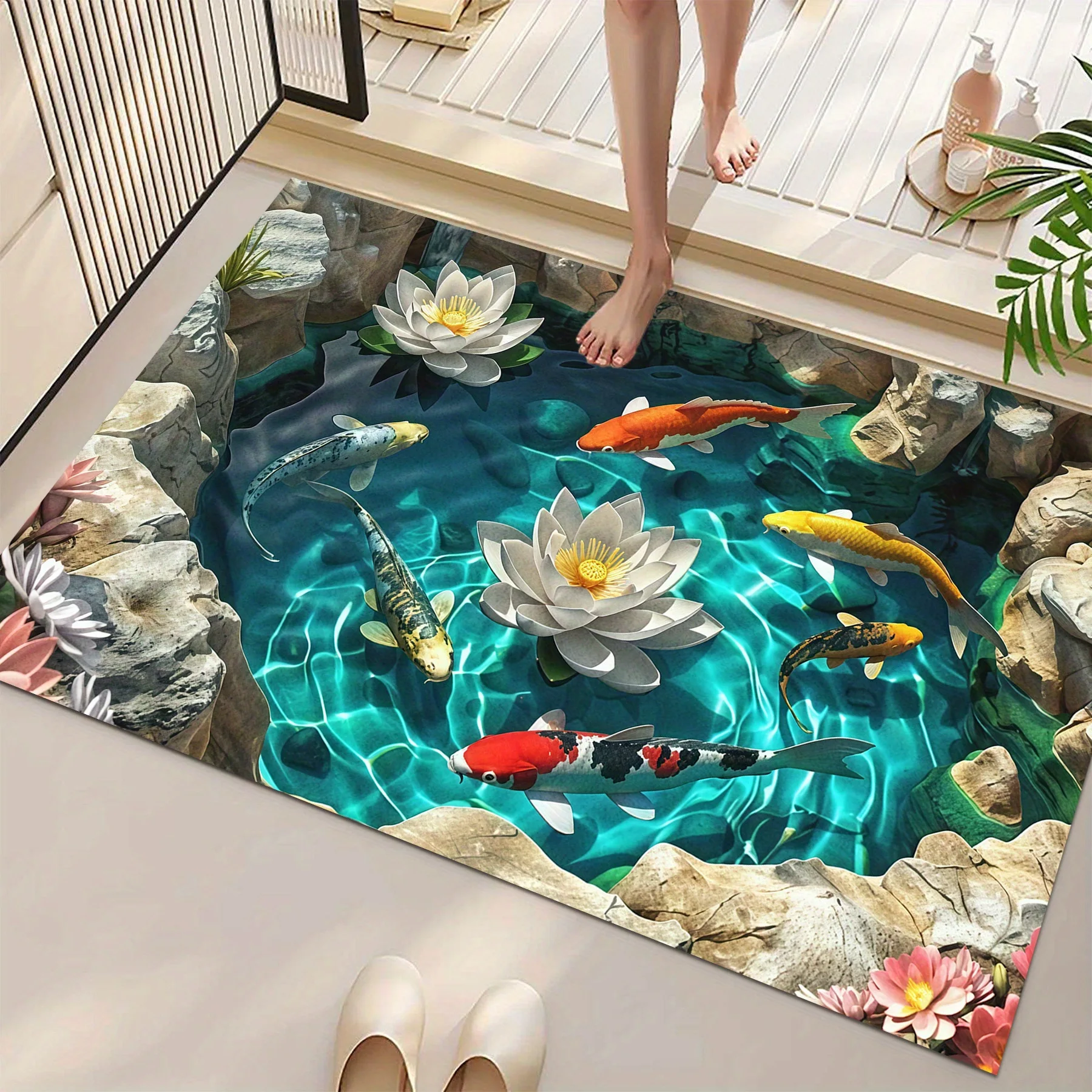 Aquarium Plant Echinodorus - 2D鯉魚と蓮の花柄バスマット滑り止め室内フロアマット鮮やかな水槽デザインソフトで吸水性のある浴室用ウェルカムマット